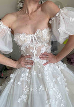Lace 3D Floral A-Line Wedding Dress With Puff Sleeves Sweetheart Neck