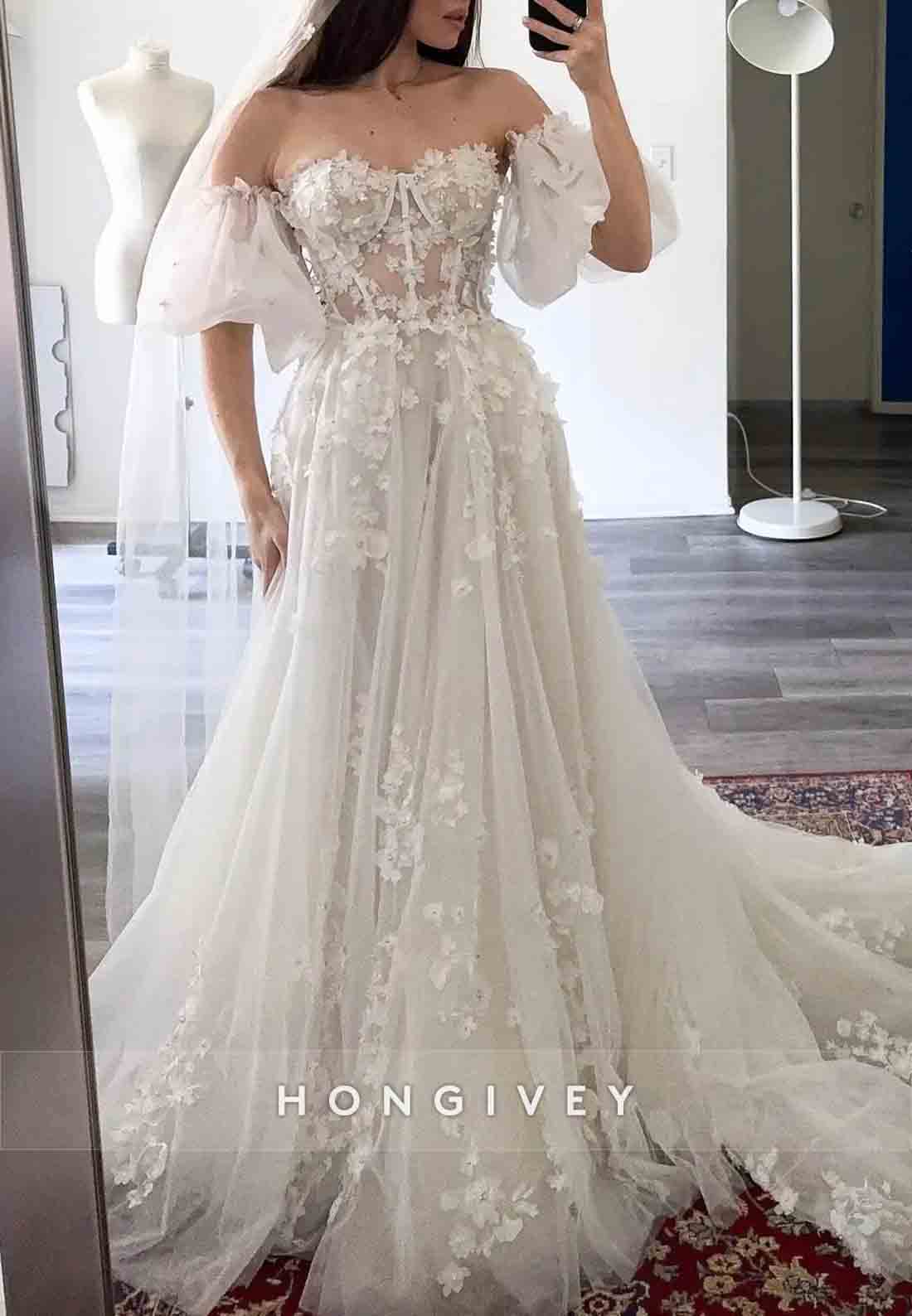 Lace 3D Floral A-Line Wedding Dress With Puff Sleeves Sweetheart Neck