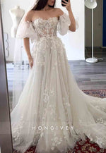 Lace 3D Floral A-Line Wedding Dress With Puff Sleeves Sweetheart Neck