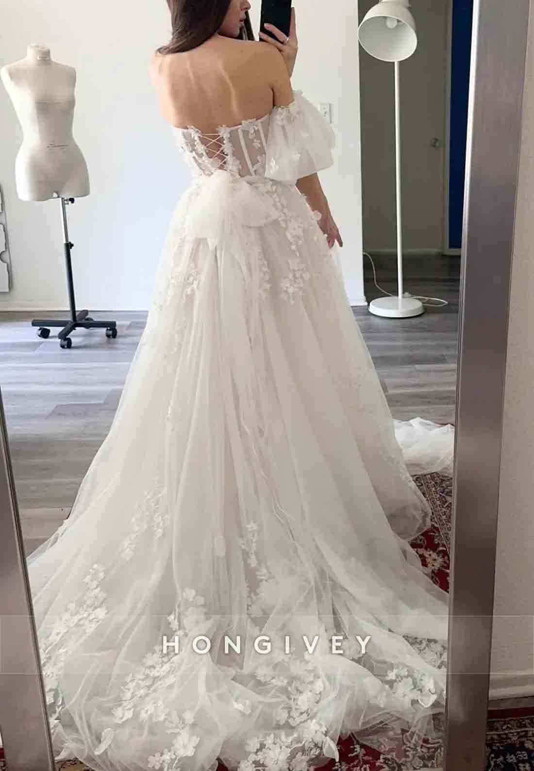 Lace 3D Floral A-Line Wedding Dress With Puff Sleeves Sweetheart Neck