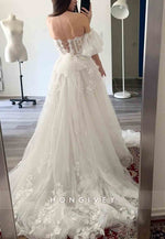 Lace 3D Floral A-Line Wedding Dress With Puff Sleeves Sweetheart Neck