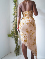 Vintage Gold Silk Floral Beaded Halter Dress