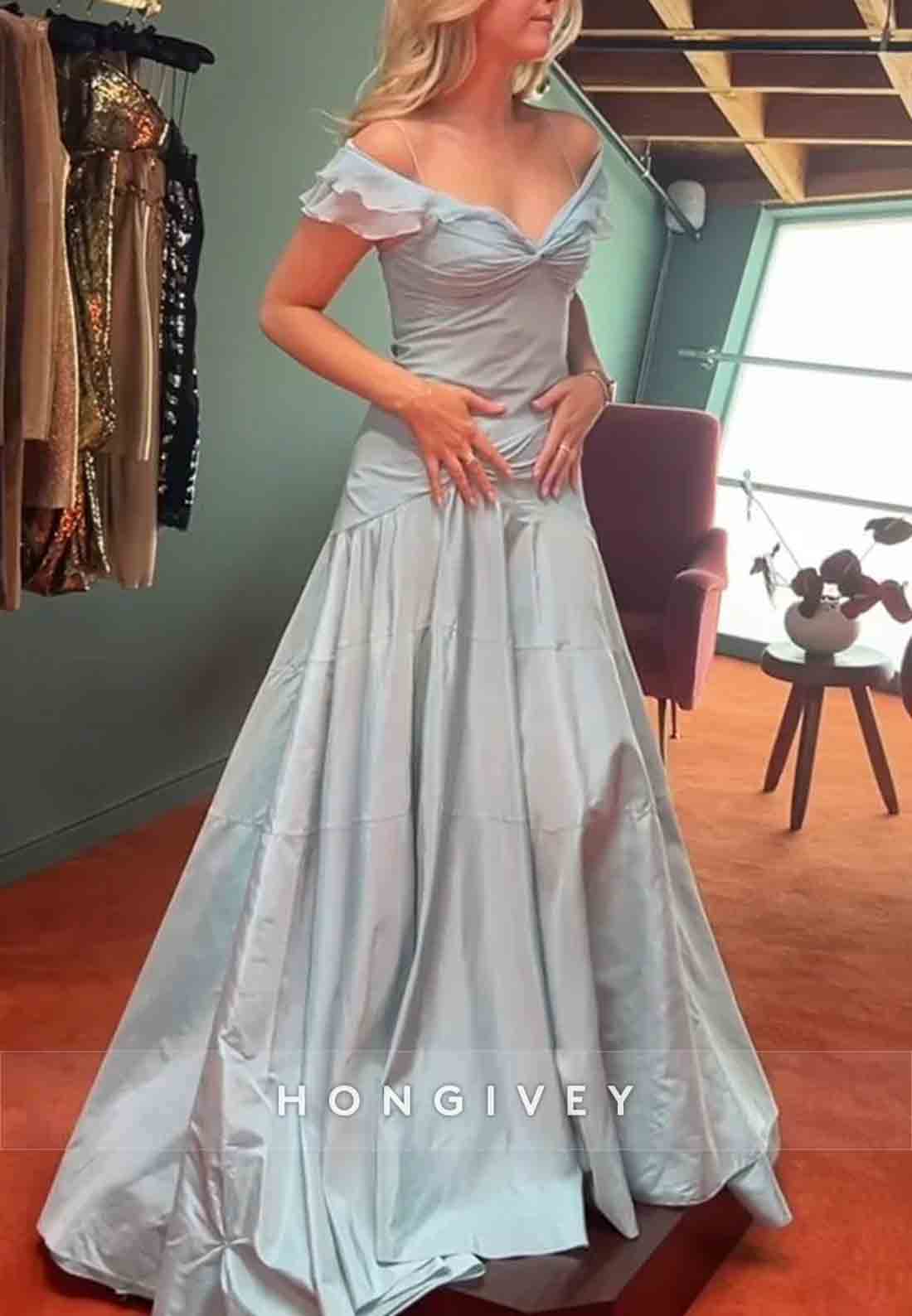 Retro Style Grey Blue A Line Off the Shoulder Long Party Dress with Ruffles