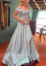 Retro Style Grey Blue A Line Off the Shoulder Long Party Dress with Ruffles