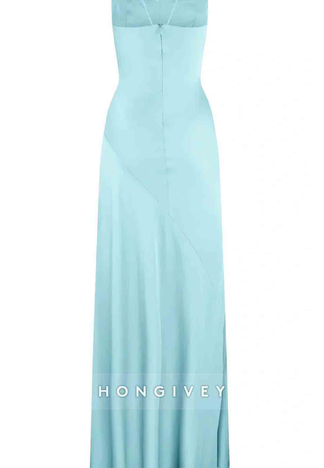 Spaghetti Straps Simple Sheath Pink Long Party Dress with High Slit