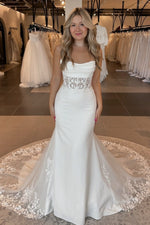 Mermaid Boat Neck Lace Appliques Buttons Lace Train Wedding Dress