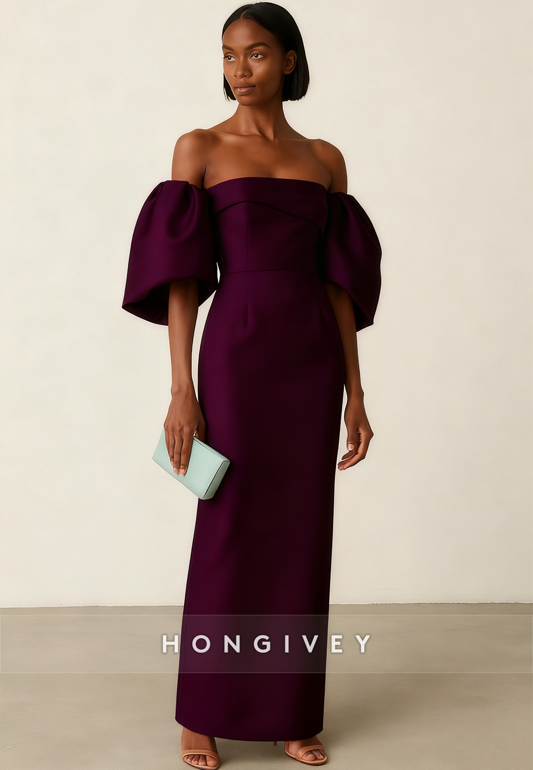 Off the Shoulder Satin Half Sleeves Column Ankle-Length Evening Gown