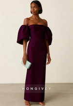 Off the Shoulder Satin Half Sleeves Column Ankle-Length Evening Gown