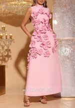 3D Floral Pink A-Line High Neck Wedding Guest Bowknot Sleeveless Mother of the Bride Dress
