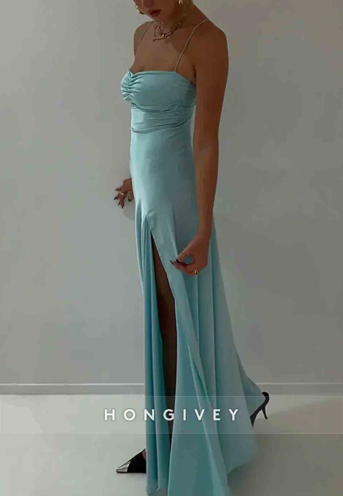 Spaghetti Straps Simple Sheath Pink Long Party Dress with High Slit