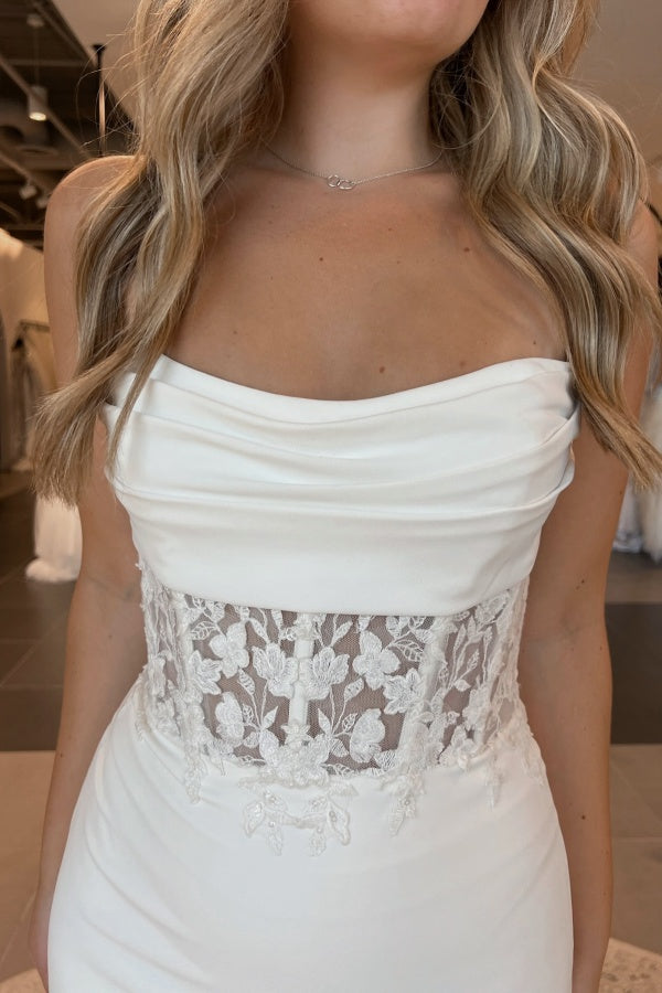 Mermaid Boat Neck Lace Appliques Buttons Lace Train Wedding Dress