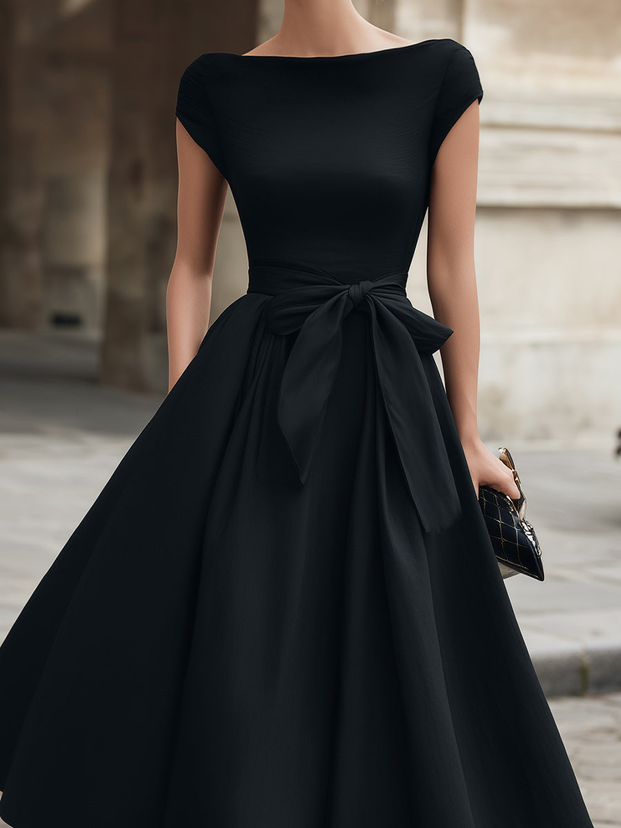 Cap-Sleeve Bow-Waist Midi Evening Dress