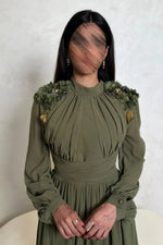 Elegant Green High Neck Long Sleeve A-Line Bow Flowers Beaded Evening Dress