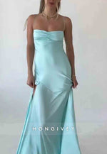 Spaghetti Straps Simple Sheath Pink Long Party Dress with High Slit