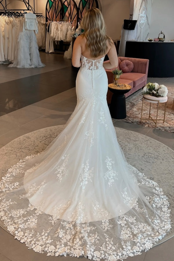 Mermaid Boat Neck Lace Appliques Buttons Lace Train Wedding Dress