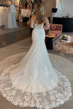 Mermaid Boat Neck Lace Appliques Buttons Lace Train Wedding Dress