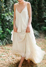 Low V-Neck Spaghetti Straps Court Train A-Line Backless Wedding Dresses