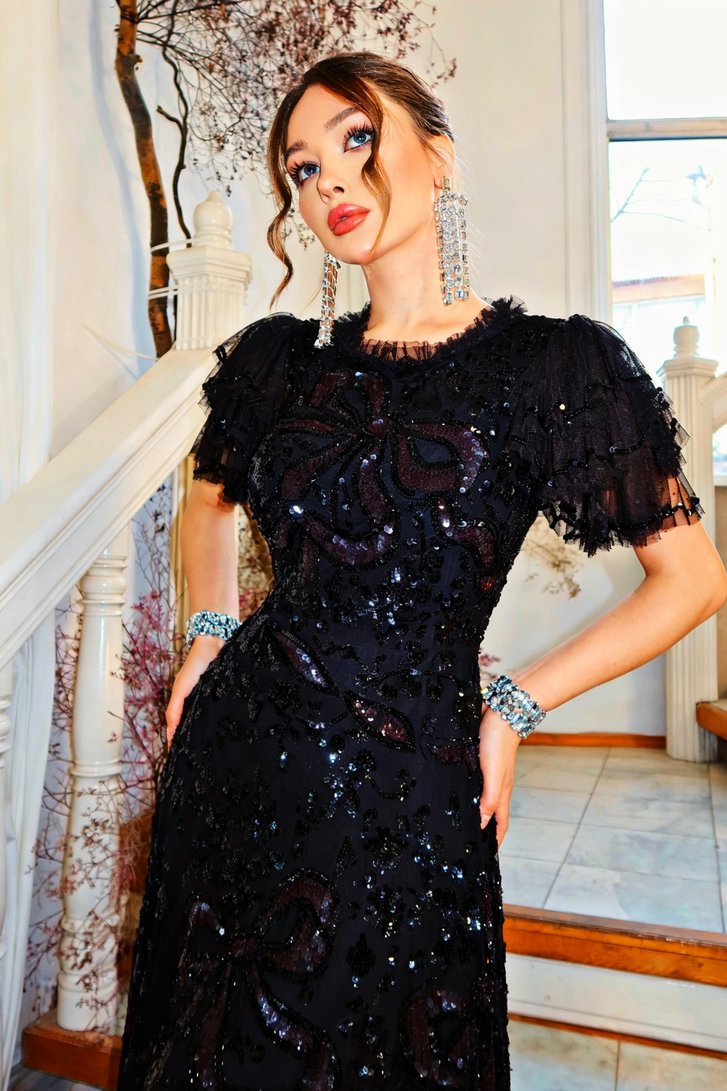 Flutter Sleeve Sequin Bow Tulle Evening Dress