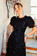 Flutter Sleeve Sequin Bow Tulle Evening Dress