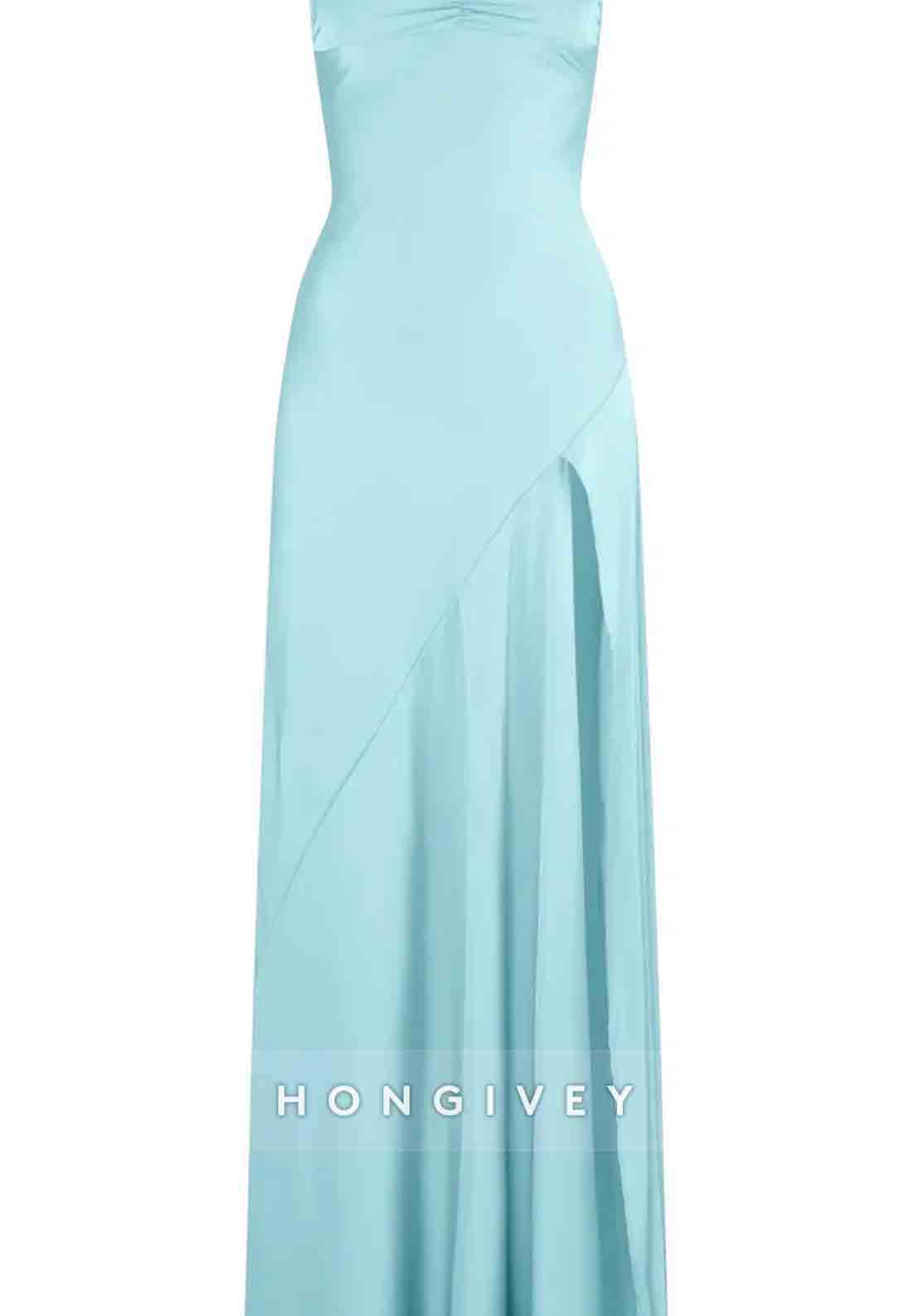 Spaghetti Straps Simple Sheath Pink Long Party Dress with High Slit