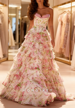 Tassel A-Line Slit Pink Floral Print Prom Dress