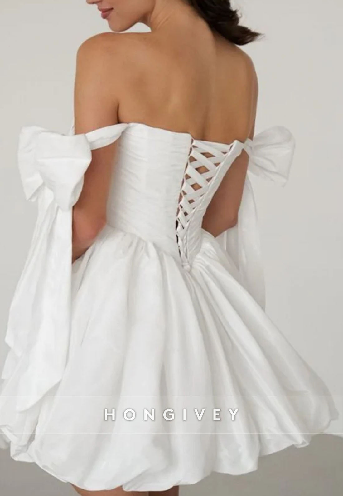Off the Shoulder A-Line Ruched Crisscross Back Bridal Gowns with Bowknots