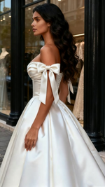 A Line Off The Shoulder Ruched Tie Shoulder Satin Wedding Dress