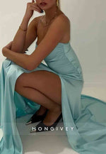 Spaghetti Straps Simple Sheath Pink Long Party Dress with High Slit