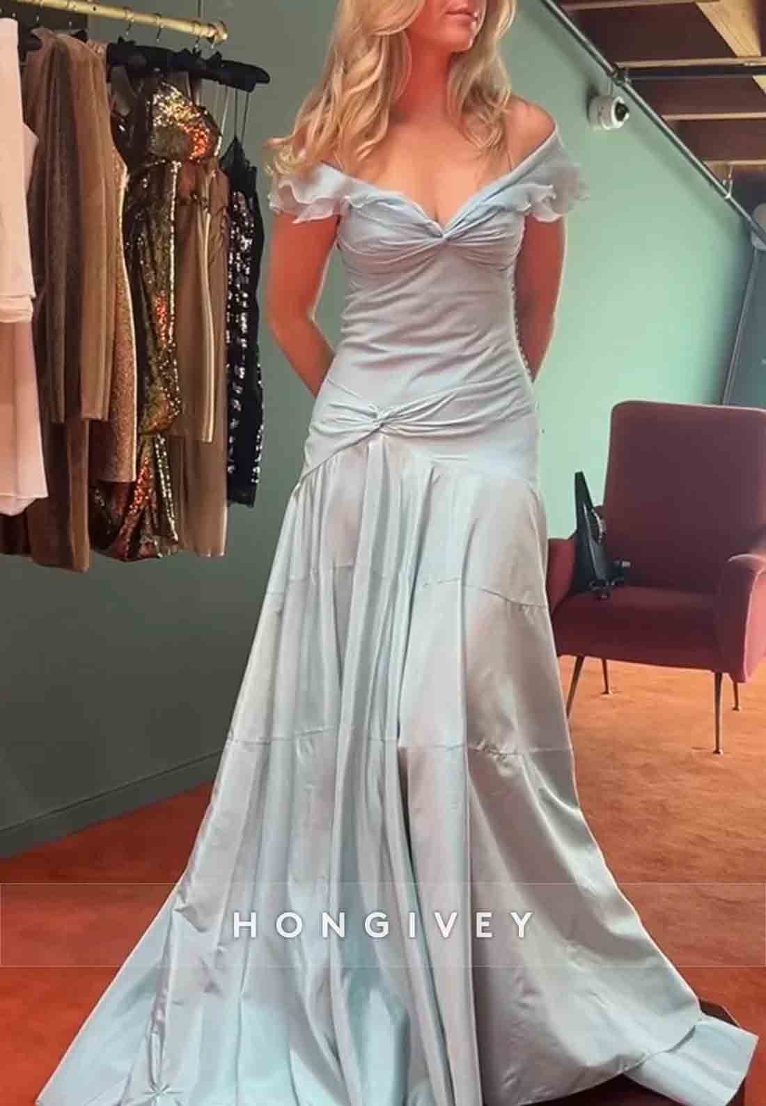 Retro Style Grey Blue A Line Off the Shoulder Long Party Dress with Ruffles