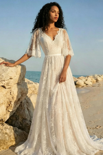 A-Line Lace V-Neck Sweep Train Wedding Dress WIth Lace