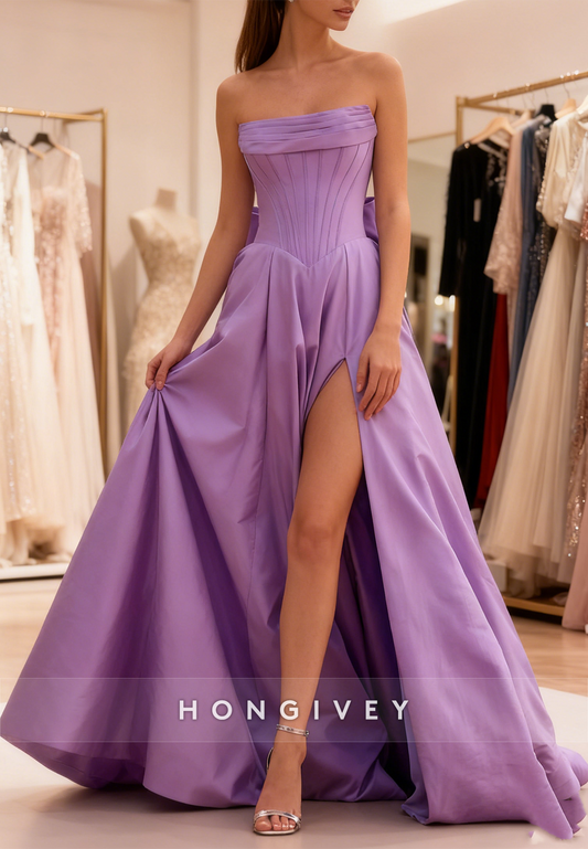 Straples A-Line Sleeveless Slit Prom Dress