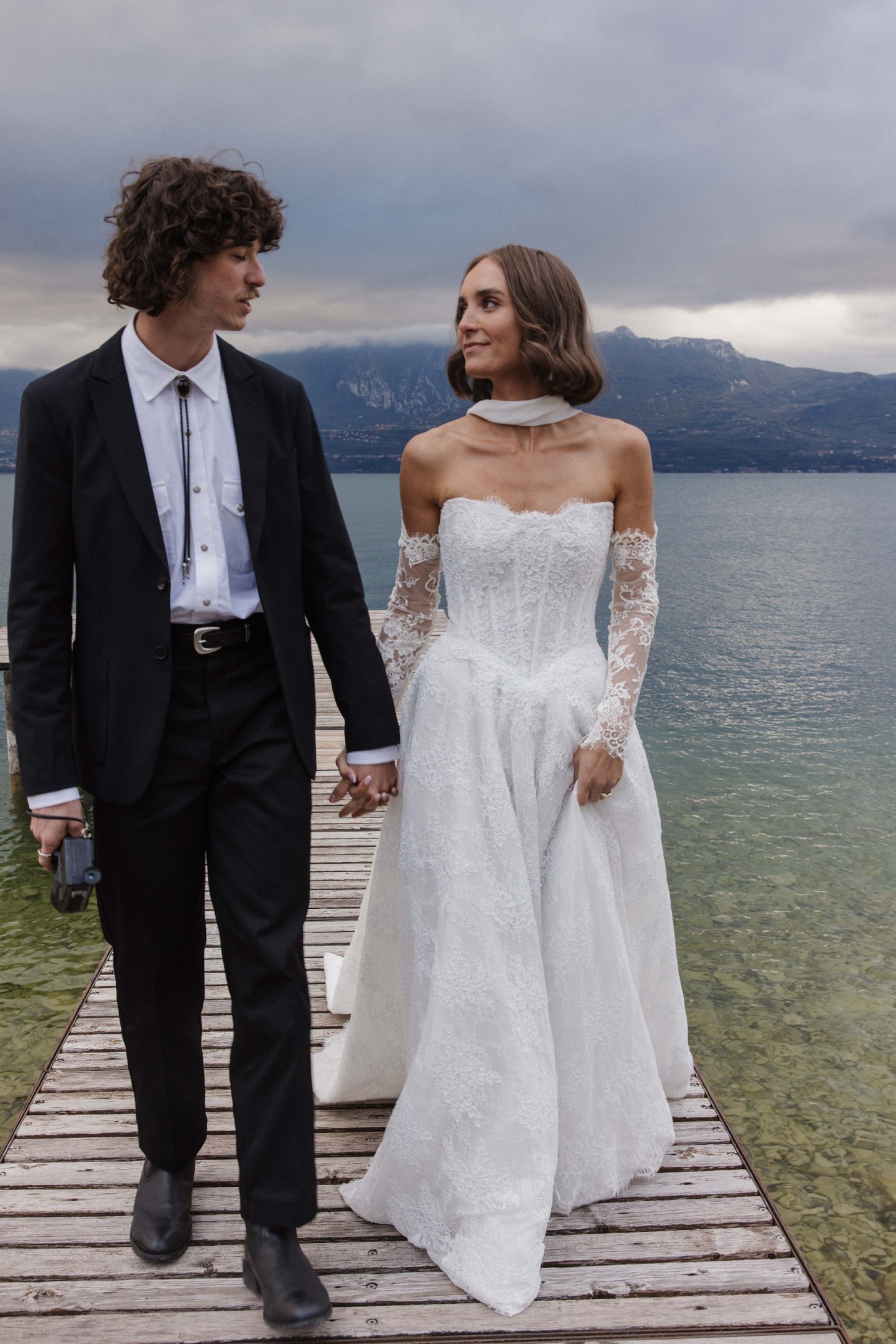 Charming Long White A-line Lace Corset Wedding Dress with Long Sleeves