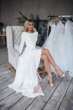 White Satin Hi Lo Long Sleeve Backless Wedding Dress