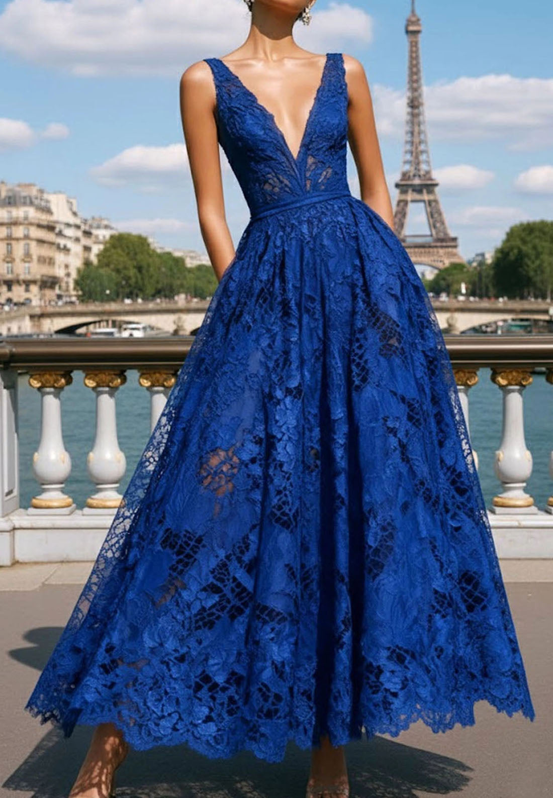 V-Neck Blue Sleeveless A-Line Lace A-Line Backless Ankle-Length Peom Dress