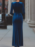 Elegant Midnight Blue Velvet Wrap Midi Dress