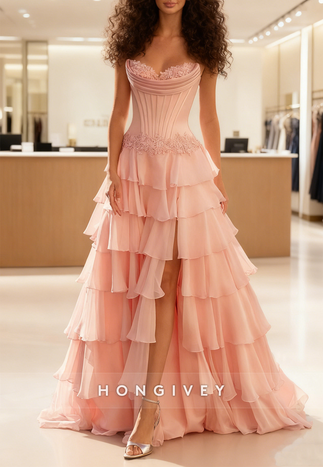 A-line Sweetheart Sleeveless Appliqued Prom Dresses With Side Slit and Ruffles