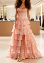 A-line Sweetheart Sleeveless Appliqued Prom Dresses With Side Slit and Ruffles
