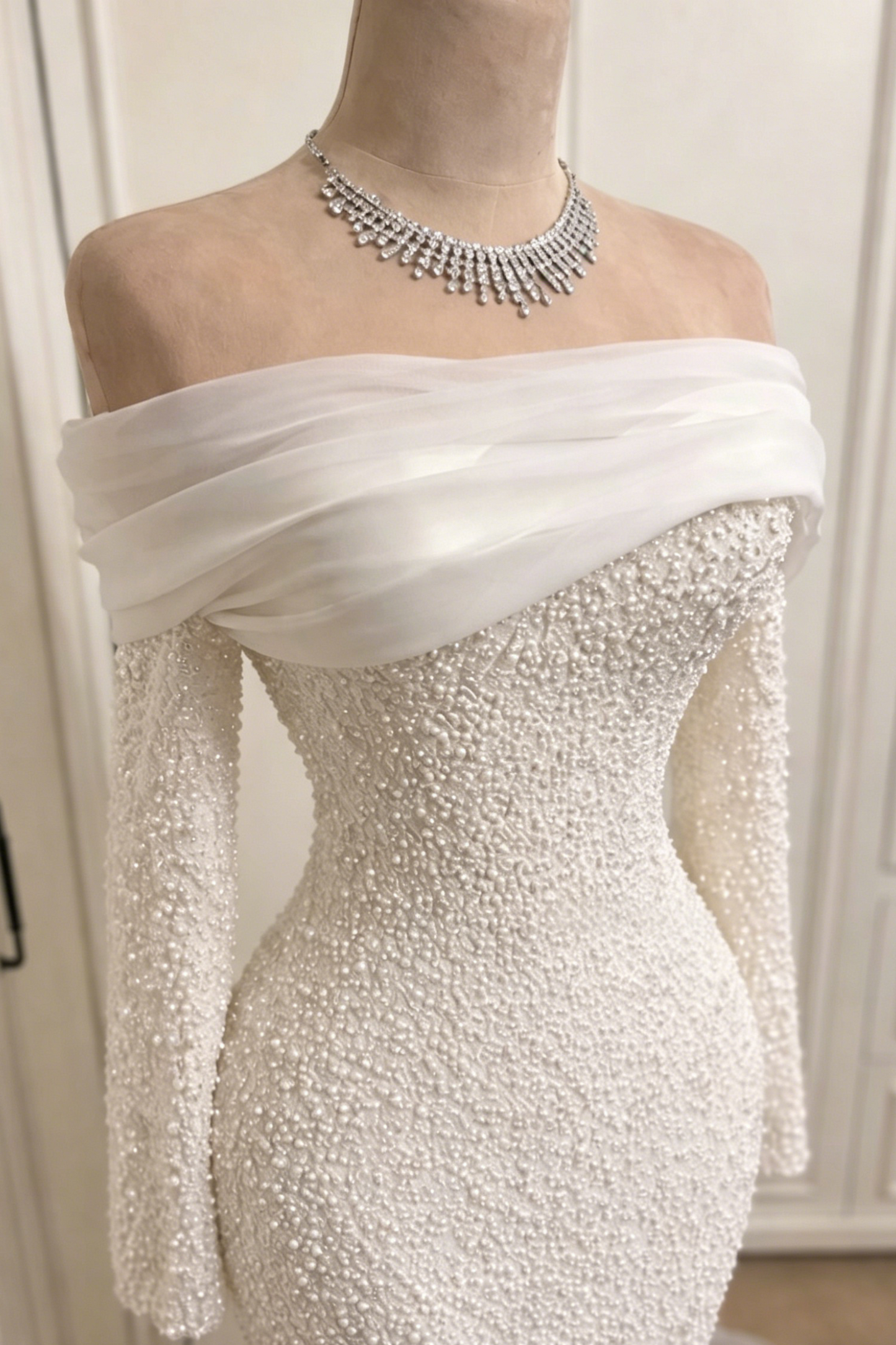 Off the Shoulder Long Sleeve Beaded Mermaid Wedding Dress