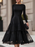 Long Sleeve Tiered Lace Hem Midi Dress