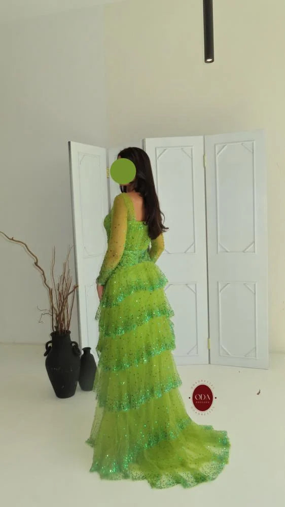 Sequins Sparkle Green Square Neck Long Sleeve A-Line Tassel Evening Dress