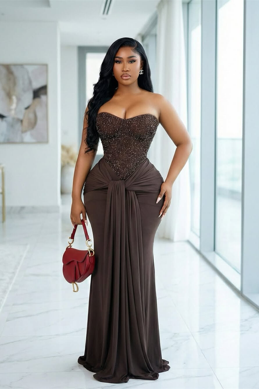 Dark Brown Sweetheart Sleeveless Prom Dress Mermaid Long With Pleats Beads