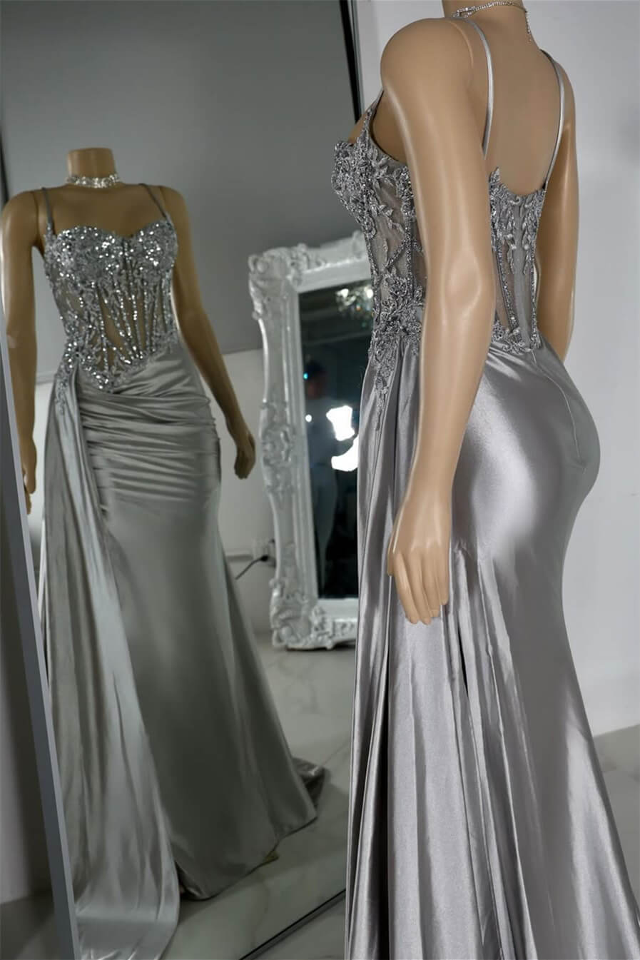 Silver Spaghetti-Straps Sleeveless Mermaid Prom Dress Split Long With Ruffles Appliques