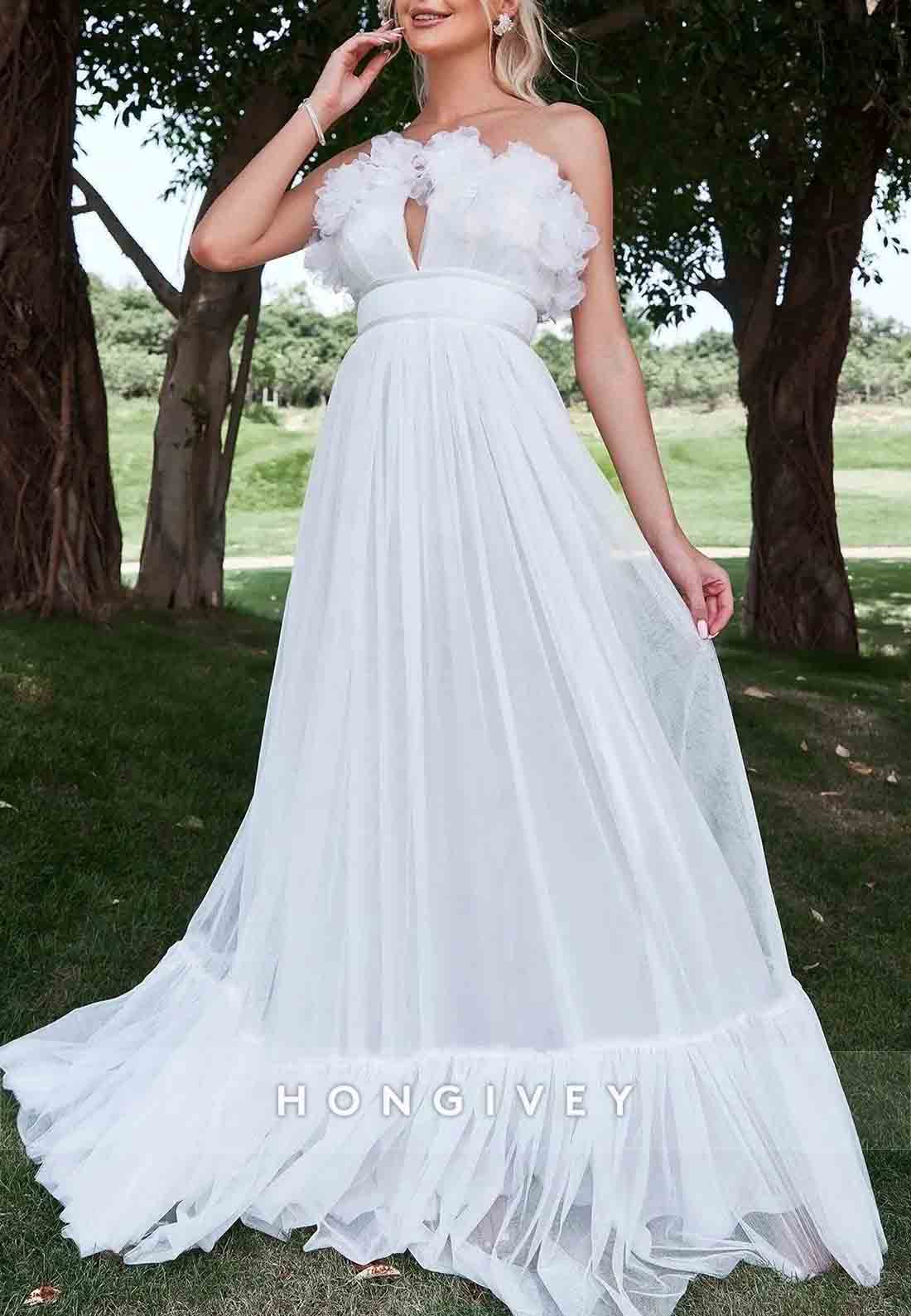 Floral Trim Layered Hem Mesh Tube Floor-Length Ruched Strapless Wedding Dress