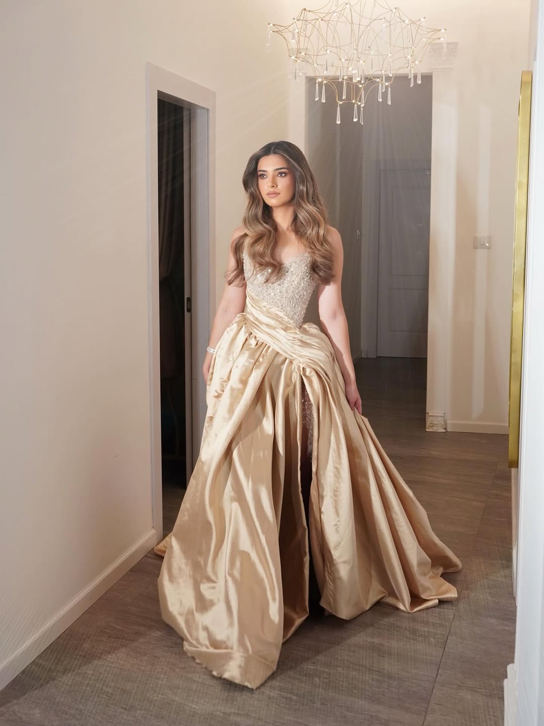 Satin Strapless Sleeveless Long A-Line Pleated Prom Dress With Sequins And Split