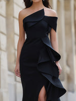 Black One-Shoulder Ruffled Evening Gown With Asymmetric Slit
