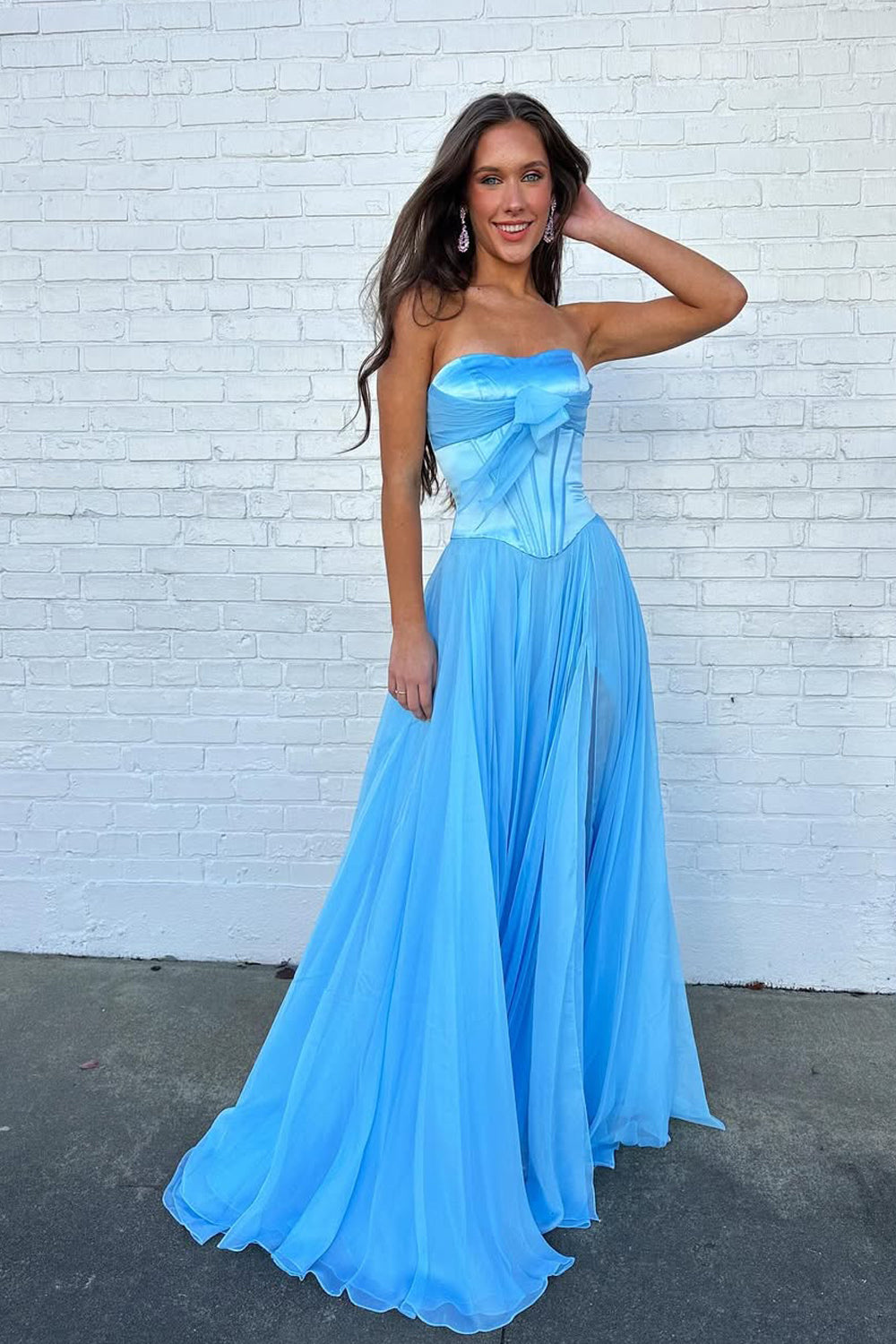 Cute A Line Sweetheart Blue Chiffon Prom Dress with Bow