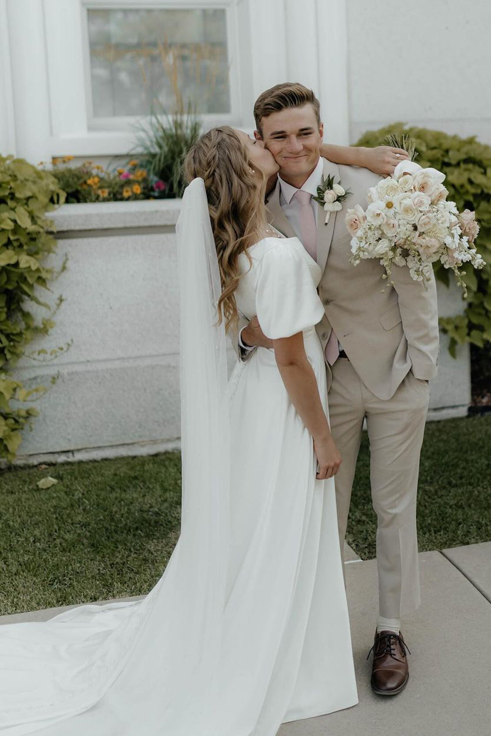 Fairy A Line V Neck Satin Wedding Dresses with Sleeves