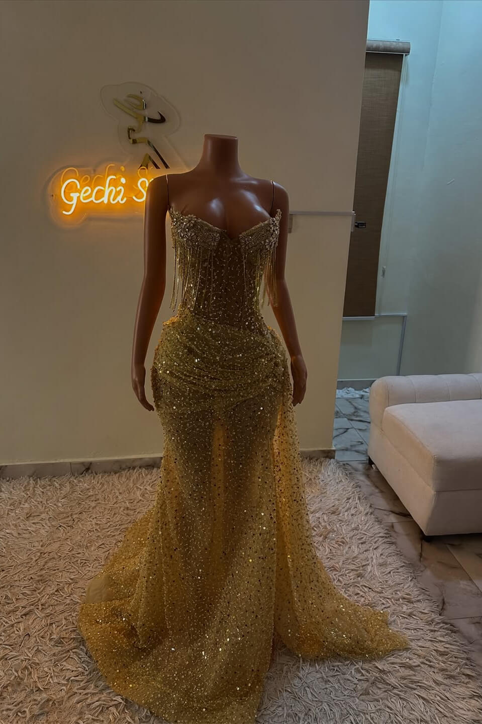 Gold Sweetheart Sleeveless Prom Dress Long With Sequins Crystals Tassels Online