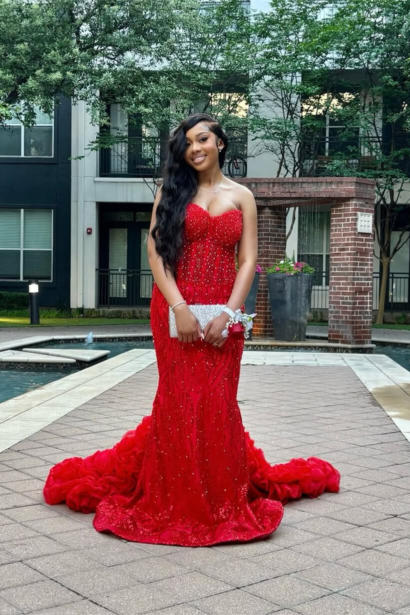 Red Sweetheart Sleeveless Mermaid Prom Dress With Sequins Beadings Ruffles