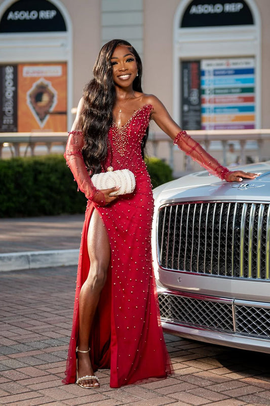 Modern Red V-Neck Sleeveless Split Prom Dress Tulle Long With Pearls